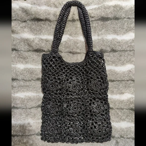 T/A EXCLUSIVE Black Handmade Crochet Plastic Tote Bag - Picture 1 of 5